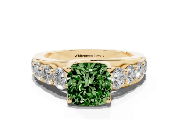 Fancy Green Cushion Cut Diamond Engagement Ring with Pavé Band and Four-Prong Setting Yellow gold