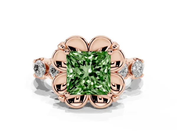 Fancy Green Princess Cut Cut Diamond Floral Halo Engagement Ring with Shared Prong Setting Rose gold