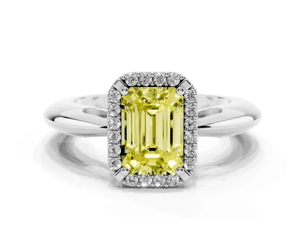 Fancy Yellow Emerald Cut Cut Diamond Halo Engagement Ring with Split Shank and Four-Prong Setting White gold