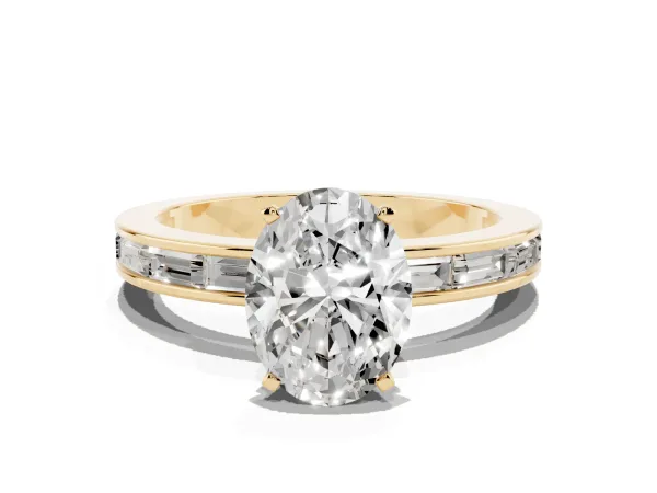 Oval Cut Solitaire Diamond Ring with Channel-Set Baguette Band and Four-Prong Setting Yellow gold