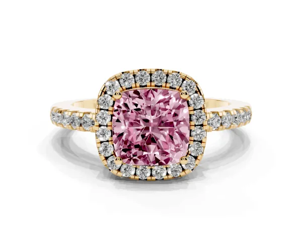 Fancy Pink Cushion Cut Halo Diamond Engagement Ring with Pavé Band and Four-Prong Setting Yellow gold