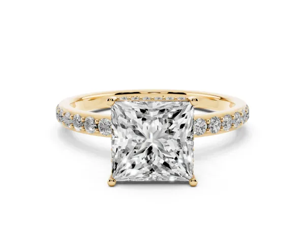 Princess Cut Diamond Solitaire Ring with Pavé Band and Hidden Halo Yellow gold