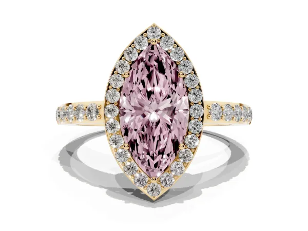 Fancy Pink Marquise Cut Halo Diamond Pavé Band Ring with Prong Setting Yellow gold