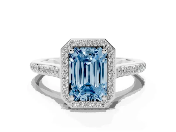 Fancy Blue Emerald Cut Diamond Halo Engagement Ring with Round Pavé Shoulders and Prong Setting White gold