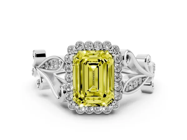 Fancy Yellow Emerald Cut Diamond Halo Ring with Vintage Split Shank and Four-Prong Setting Platinum