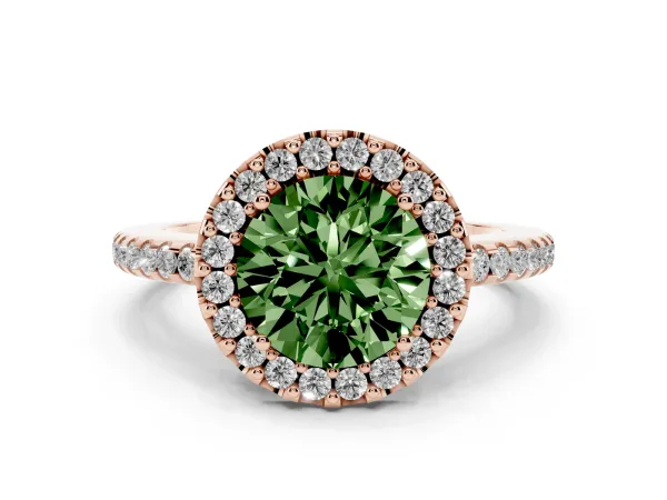 Fancy Green Round Cut Diamond Pavé Halo Ring with Four-Prong Setting Rose gold
