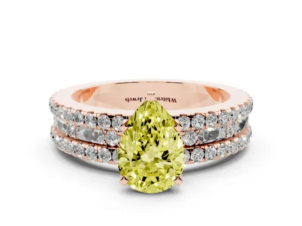 Fancy Yellow Pear Cut Diamond Solitaire Ring with Pavé and Channel Set Band Rose gold