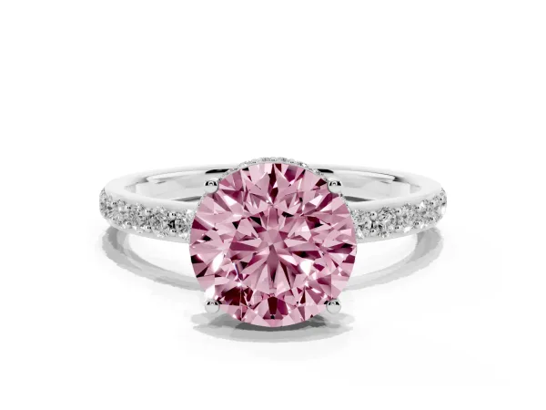Fancy Pink Round Cut Diamond Solitaire Ring with Pavé Band and Hidden Halo White gold