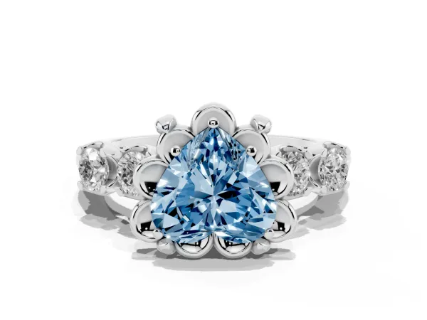 Fancy Blue Heart Cut Cut Diamond Floral Halo Engagement Ring with Shared Prong Setting Platinum