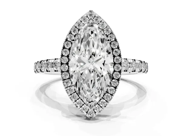 Marquise Cut Diamond Halo Ring with Pavé Band and Four-Prong Setting White gold