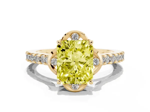 Fancy Yellow Radiant Cut Diamond Ring with Pavé Band and Floral Prong Setting Yellow gold