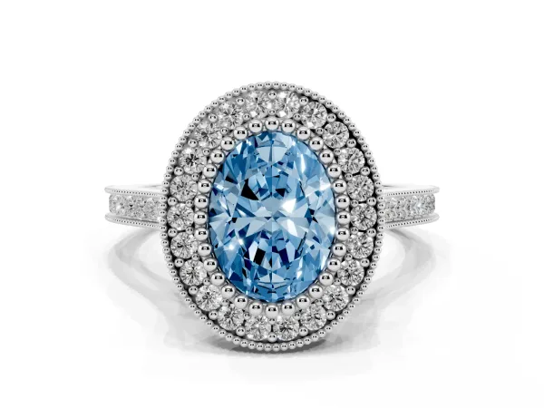 Fancy Blue Oval Cut Diamond Halo Ring with Milgrain Frame and Pavé Band Platinum