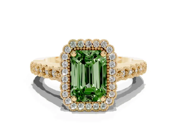 Fancy Green Emerald Cut Cut Halo Pavé Solitaire Ring with Milgrain Band Yellow gold