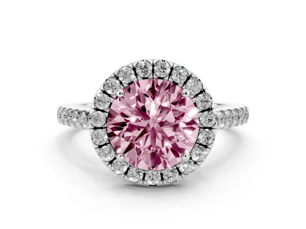 Fancy Pink Round Cut Halo Pavé Diamond Engagement Ring with Four-Prong Setting Platinum