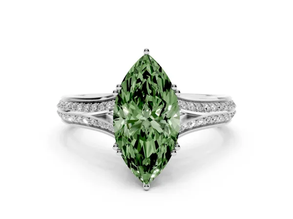 Fancy Green Marquise Cut Diamond Split Shank Engagement Ring with Pavé Band White gold