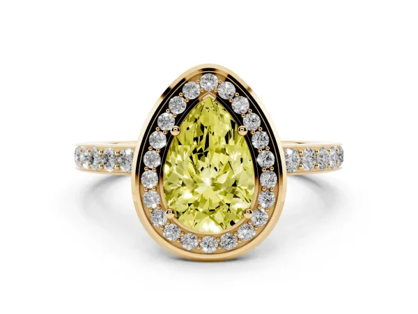 Fancy Yellow Pear Cut Diamond Halo Ring with Bezel Frame and Pavé Band Yellow gold