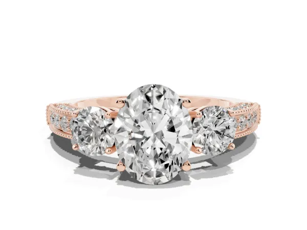 Oval Cut Three-Stone Diamond Ring with Pavé Band and Four-Prong Setting Rose gold