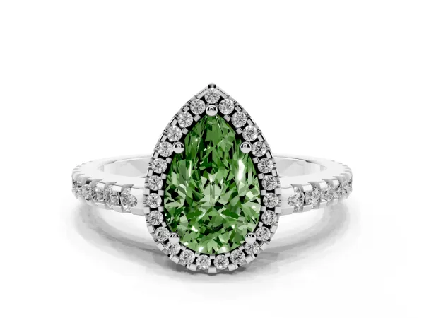Fancy Green Pear Cut Diamond Halo Engagement Ring with Pavé Band and Prong Setting Platinum