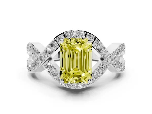 Fancy Yellow Emerald Cut Solitaire Twist Band Pavé Diamond Engagement Ring Platinum