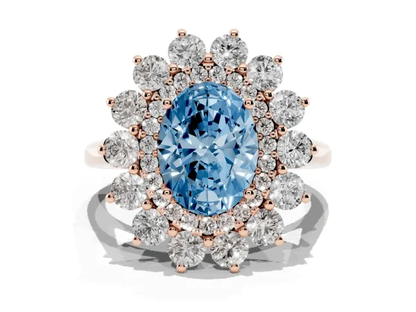 Fancy Blue Oval Cut Diamond Floral Double Halo Engagement Ring with Prong Setting Rose gold