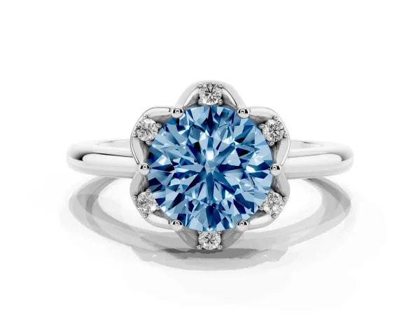 Fancy Blue Round Cut Halo Diamond Ring with Round Cluster Setting, Solitaire Band, and Four-Prong Setting Platinum