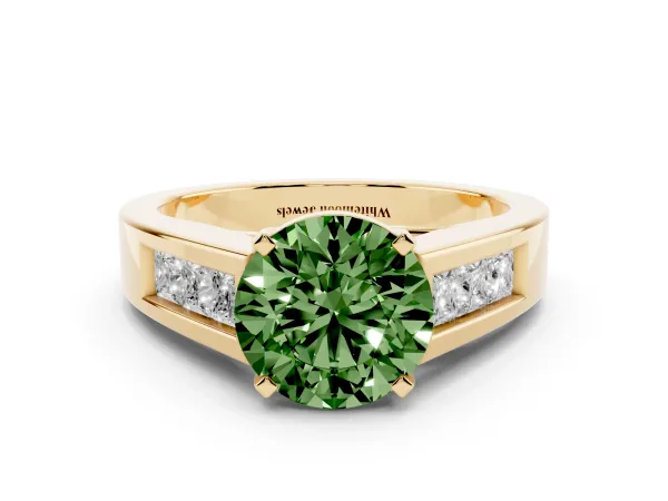 Fancy Green Round Cut Cut Channel Set Solitaire Ring with Four-Prong Setting Yellow gold