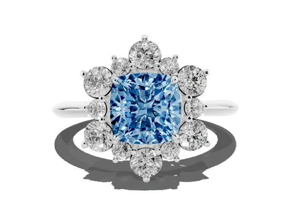 Fancy Blue Cushion Cut Diamond Cluster Halo Ring with Solitaire Band and Four-Prong Setting White gold