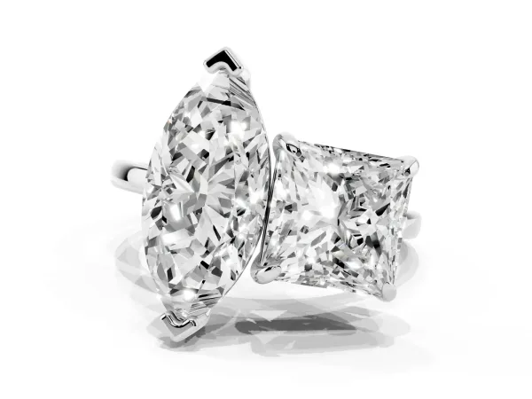 Marquise and Princess Toi Moi Ring with Prong Setting and Plain Band White gold