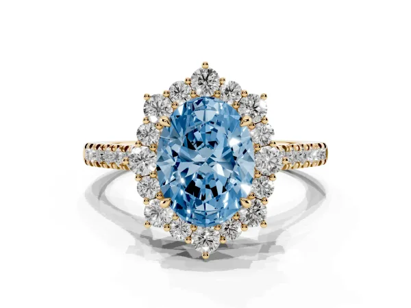 Fancy Blue Oval Cut Halo Diamond Ring with Pavé Band and Prong Setting Yellow gold