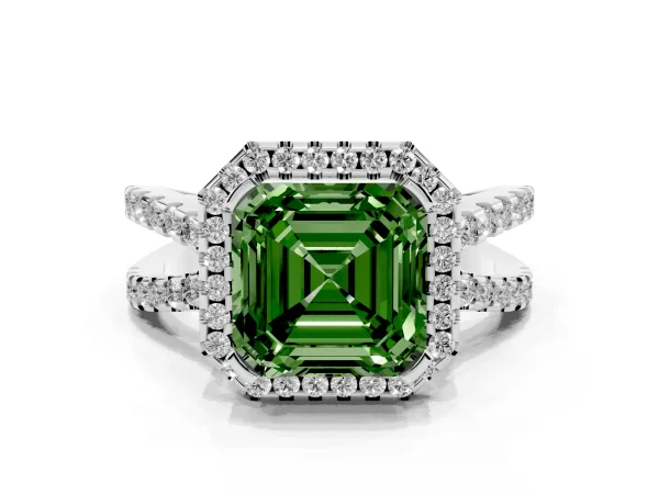 Fancy Green Asscher Cut Diamond Halo Ring with Split Shank Pavé Band and Prong Setting Platinum
