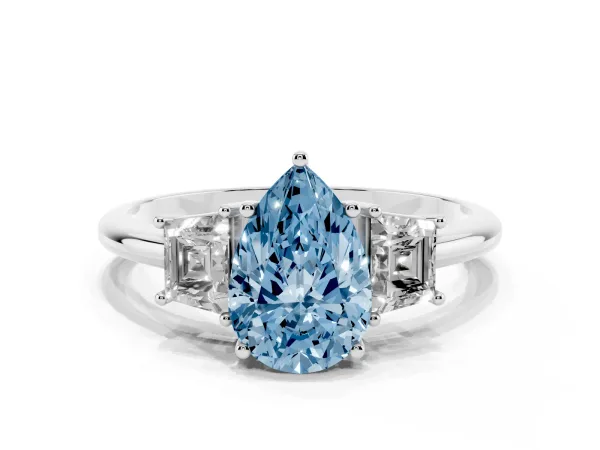 Fancy Blue Pear Cut Diamond Three-Stone Ring with Trapezoid Side Stones and Prong Setting White gold