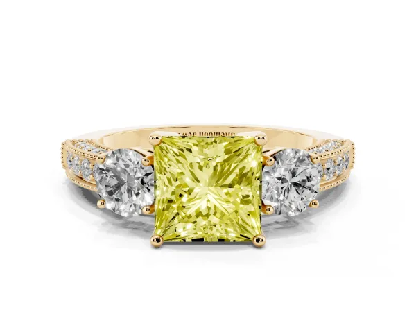 Fancy Yellow Princess Cut Three-Stone Diamond Ring with Pavé Band and Four-Prong Setting Yellow gold