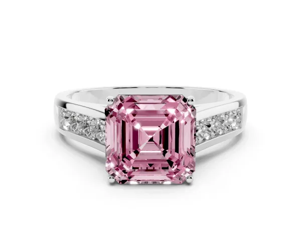 Fancy Pink Asscher Cut Solitaire Channel-Set Diamond Engagement Ring with Four-Prong Setting Platinum