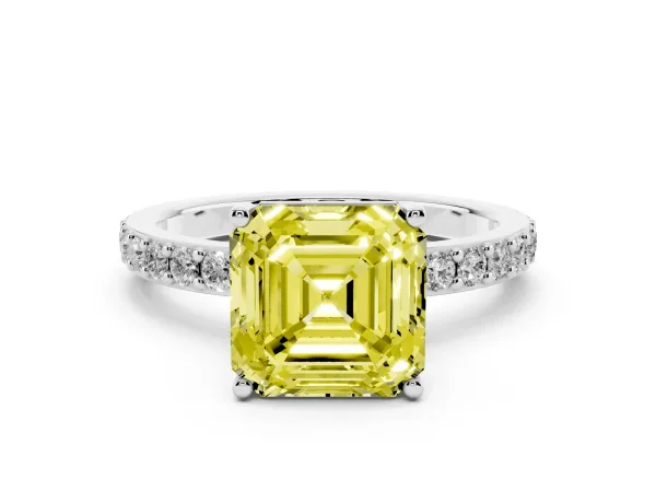 Fancy Yellow Asscher Cut Cut Diamond Solitaire with Pave Band and Four-Prong Setting Platinum