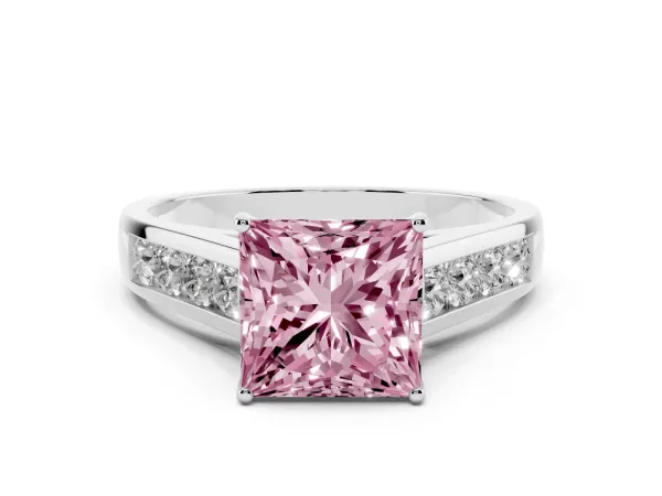 Fancy Pink Princess Cut Solitaire Channel-Set Diamond Engagement Ring with Four-Prong Setting Platinum