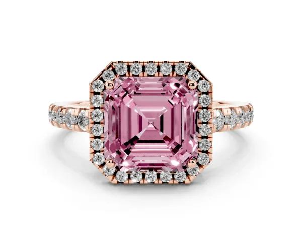 Fancy Pink Asscher Cut Diamond Halo Ring with Pavé Band and Four-Prong Setting Rose gold