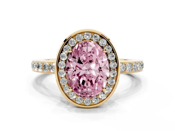Fancy Pink Oval Cut Diamond Halo Ring with Bezel Frame and Pavé Band Yellow gold