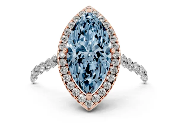 Fancy Blue Marquise Cut Halo Pavé Diamond Engagement Ring with Four-Prong Setting Rose gold
