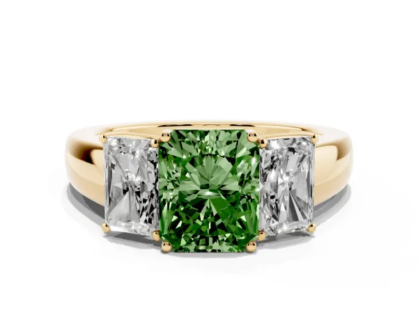 Fancy Green Three-Stone Radiant Cut Cut Diamond Ring with Prong Setting and Classic Band Yellow gold