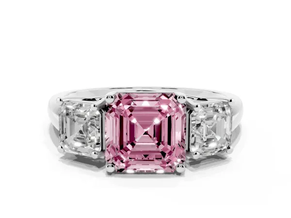 Fancy Pink Three-Stone Asscher Cut Diamond Engagement Ring with Prong Setting White gold