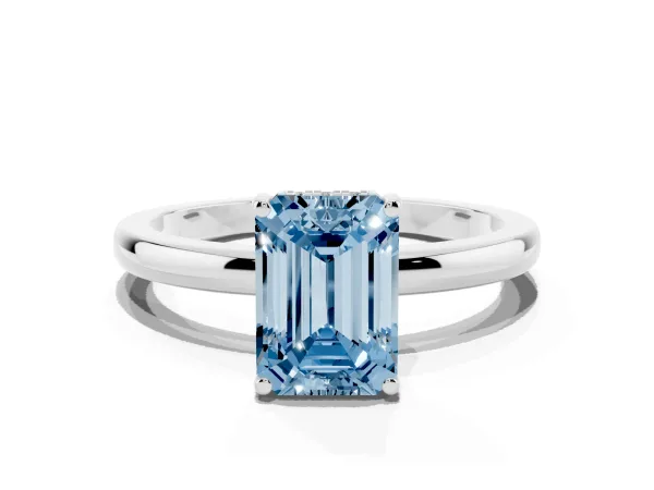 Fancy Blue Emerald Cut Solitaire Diamond Ring with Prong Setting and Plain Band White gold