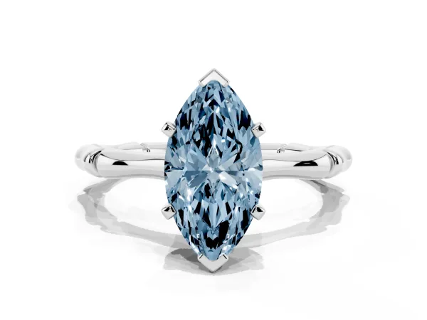 Fancy Blue Marquise Cut Solitaire Diamond Ring with Bamboo Band and Four-Prong Setting White gold