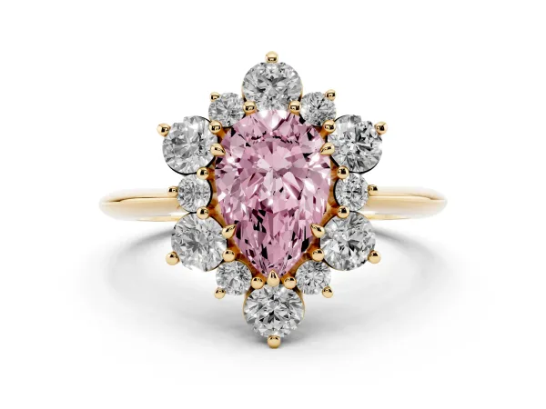 Fancy Pink Pear Cut Diamond Cluster Halo Ring with Solitaire Band and Four-Prong Setting Yellow gold