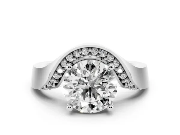 Round Cut Solitaire Diamond Engagement Ring with Pave Band and Four-Prong Setting White gold