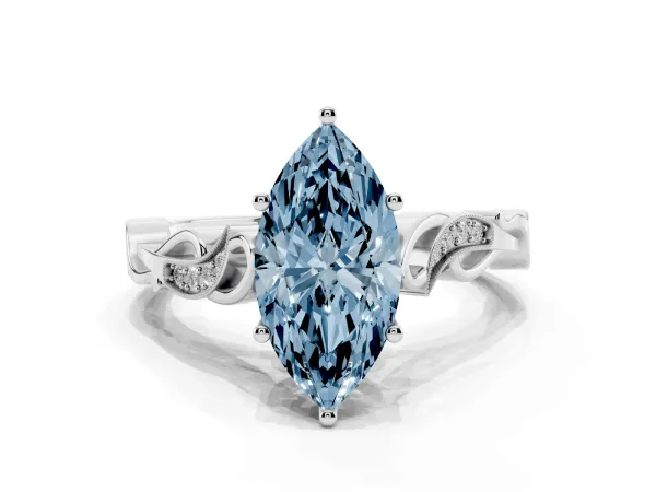 Fancy Blue Marquise Cut Solitaire Vine Band with Milgrain Prong Setting White gold