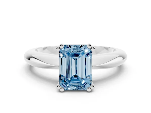 Fancy Blue Emerald Cut Cut Solitaire Engagement Ring with Tapered Band and Four-Prong Setting Platinum