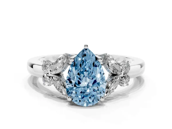 Fancy Blue Pear Cut Cut Solitaire Floral Diamond Ring with Four-Prong Setting Platinum