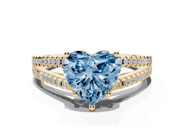 Fancy Blue Heart Cut Diamond Solitaire Engagement Ring with Split Shank Pavé Band Yellow gold