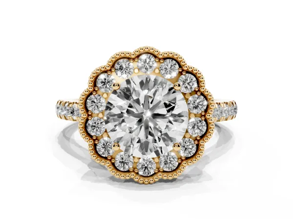 Round Cut Cut Diamond Milgrain Floral Halo Engagement Ring with Pavé Band Yellow gold