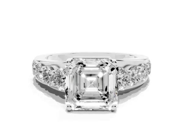 Asscher Cut Diamond Engagement Ring with Pavé Band and Four-Prong Setting White gold